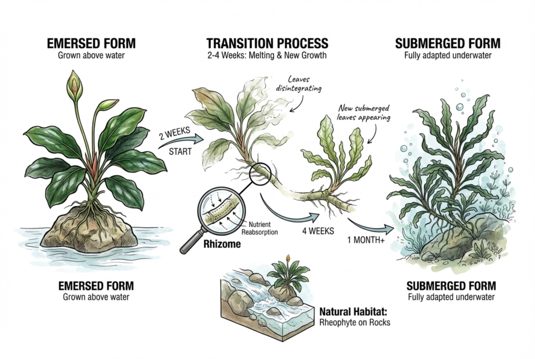 Timeline of Bucephalandra transition from emersed to submerged