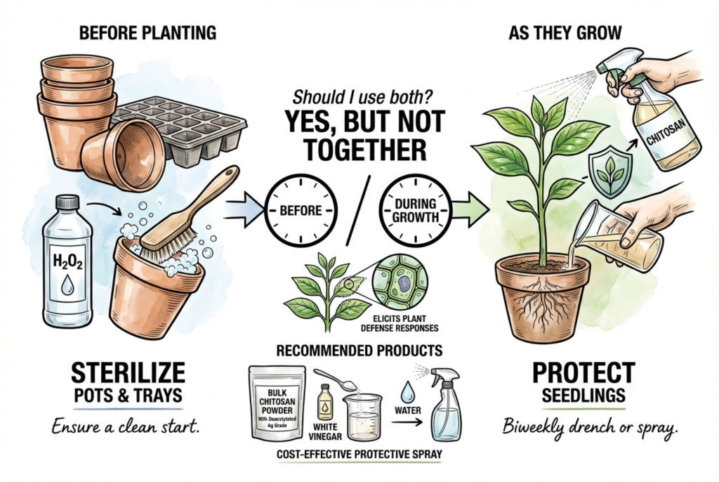 Sterilizing empty pots with hydrogen peroxide versus treating growing seedlings with chitosan spray