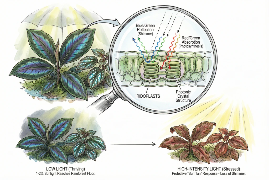 showing light rays hitting the surface of a leaf, with blue light reflecting off the iridoplast structures, depicting the physics of structural color.