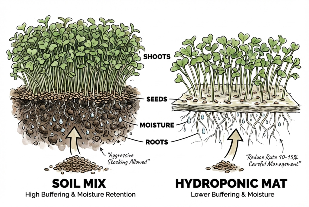 Hydroponic mats showing lower seeding density compared to soil