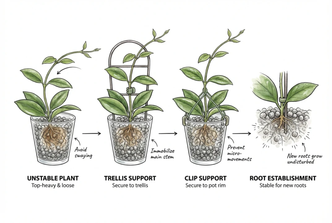 Securing top-heavy Hoya to trellis with clips