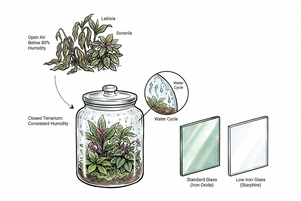 a sealed glass terrarium sitting on a wooden surface, with condensation cycle visible (evaporation and rain), demonstrating the closed ecosystem.
