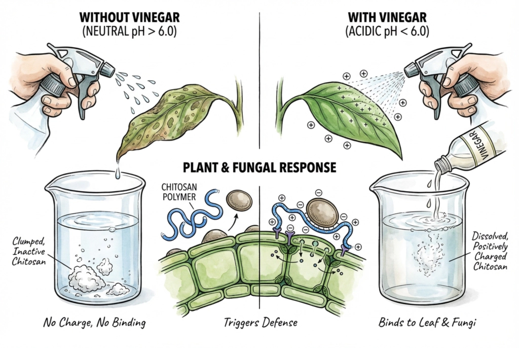 Dissolving chitosan powder in vinegar to create a soluble and effective fungicide solution