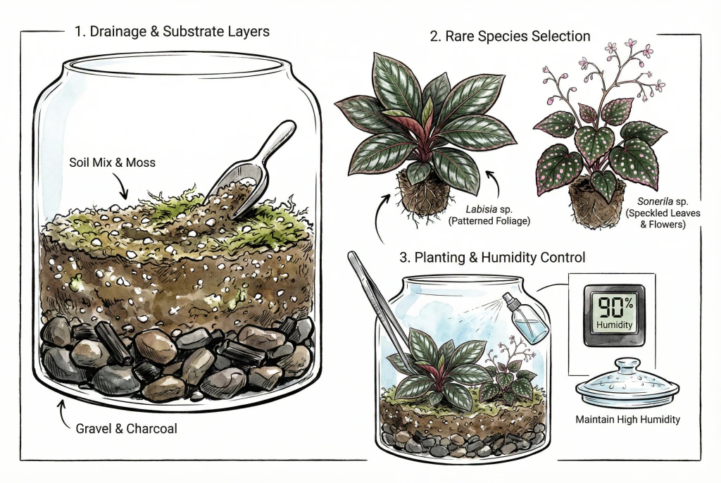 A cross-section view of a terrarium base, showing layers of drainage (gravel), mesh, and the substrate mix, creating a healthy foundation for plants.