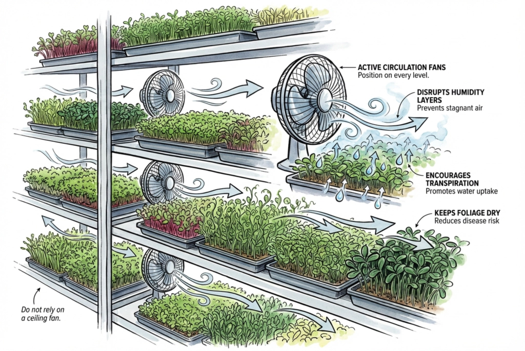 Active airflow system with fans positioned across microgreen trays