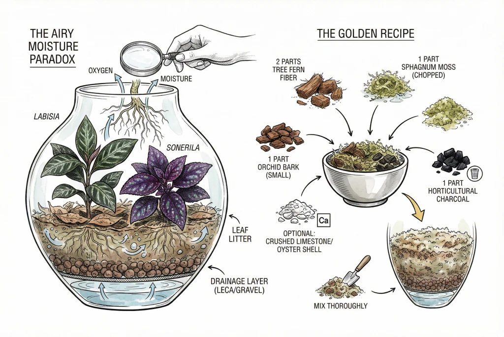 Visual breakdown of the ideal substrate mix: piles of tree fern fiber, chopped sphagnum moss, orchid bark, and charcoal, ready to be mixed.