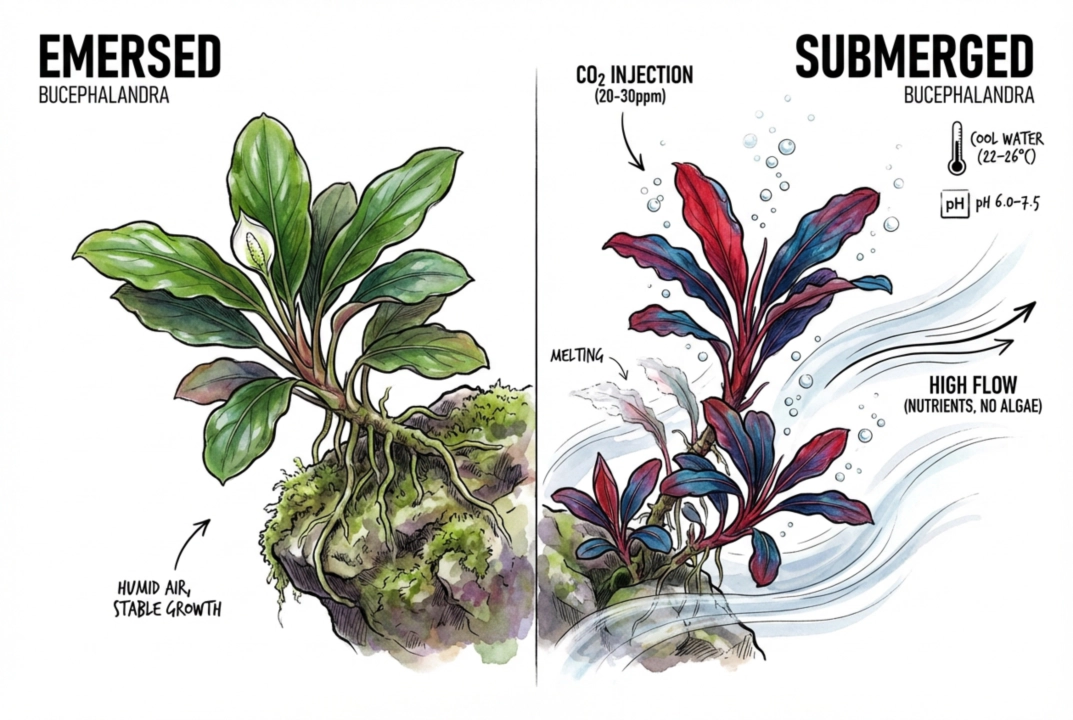 Aquarium setup with high flow for submerged Bucephalandra