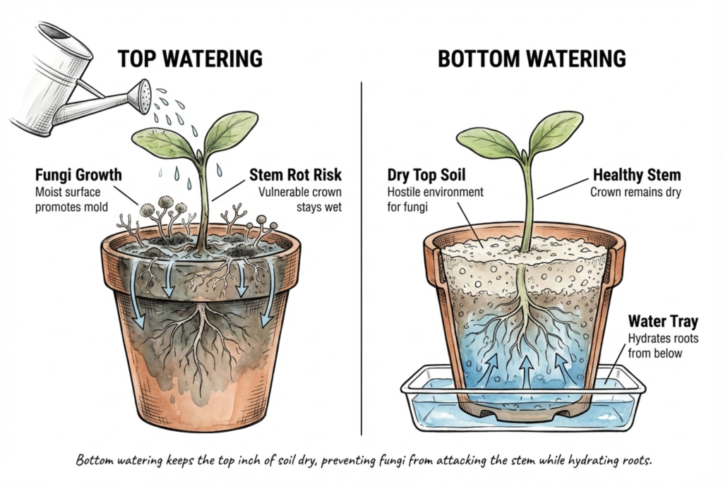 Seedling tray submerged in water tray for bottom watering method to keep soil surface dry