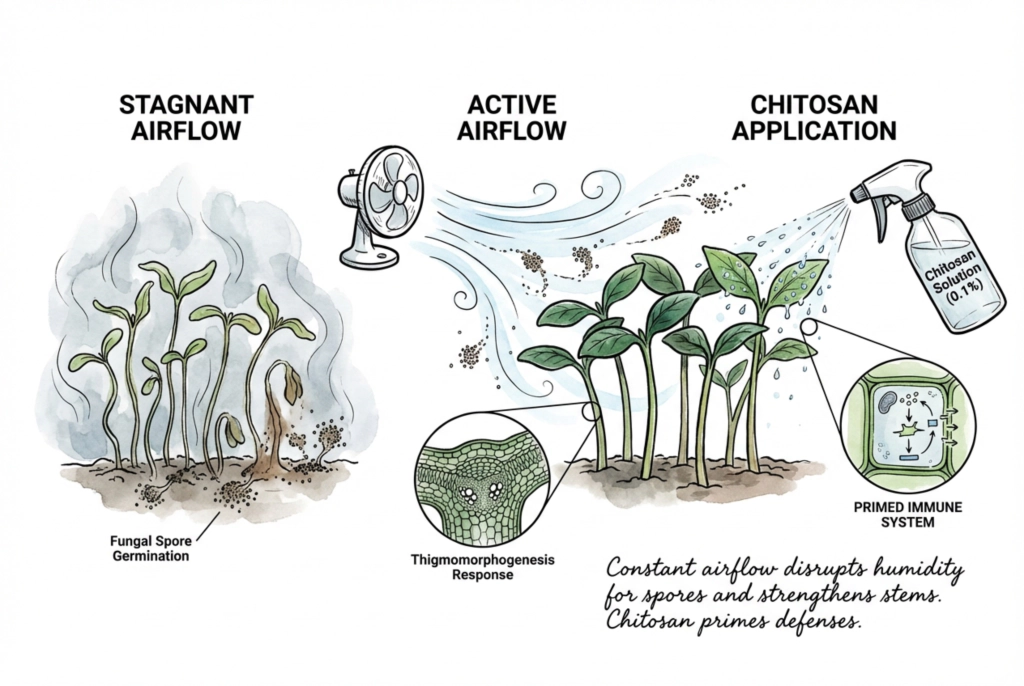 Small fan circulating air around seedlings to prevent fungal growth and strengthen stems