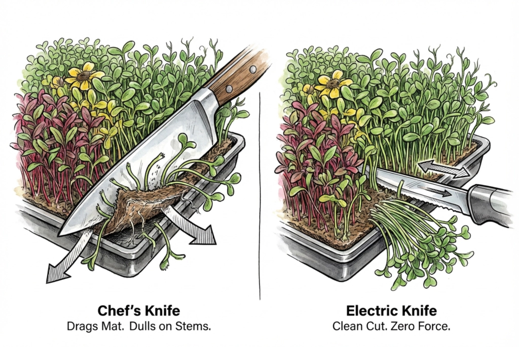 Electric carving knife cutting through dense microgreen stems