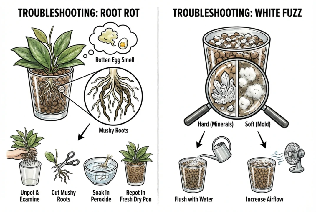 Inspecting roots for rot and mineral buildup