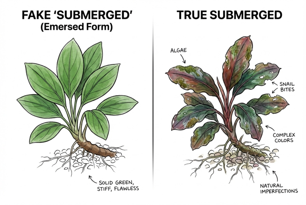 Comparison of perfect green leaves versus natural submerged foliage
