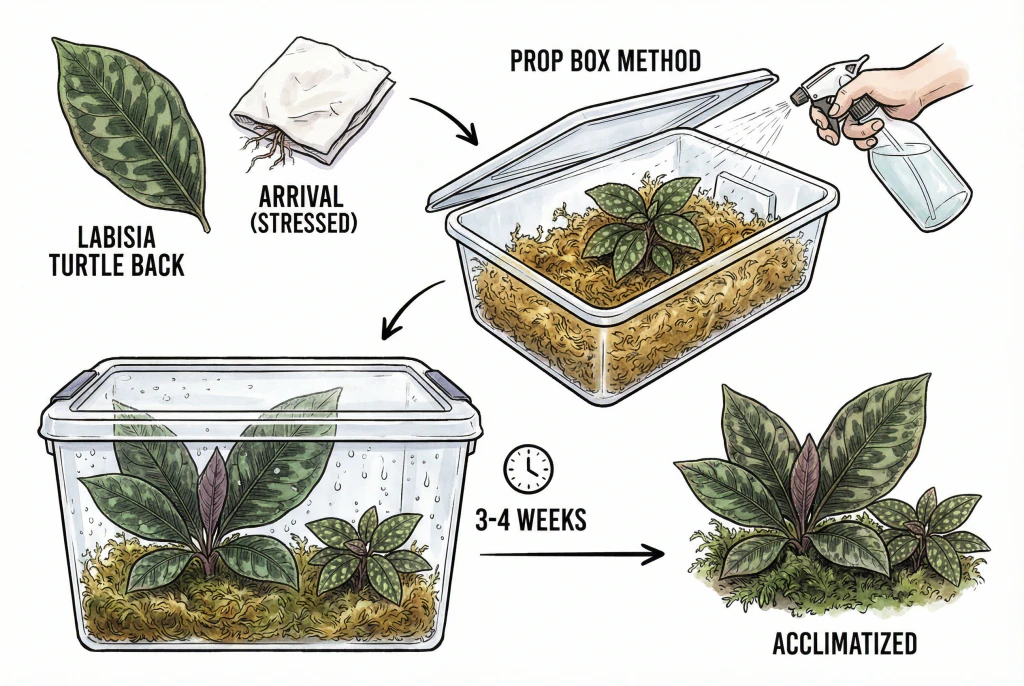 A clear plastic storage bin (prop box) with a lid, containing sphagnum moss and small plantlets, illustrating the acclimatization setup.
11. **11-care--troubleshooting.png**: An illustration of a hand holding a cucumber slice to bait a snail, representing pest management in a terrarium.
