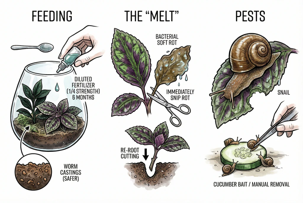 hand holding a cucumber slice to bait a snail, representing pest management in a terrarium.