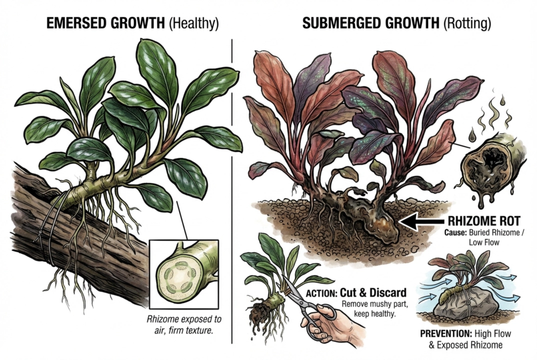 Healthy versus rotting Bucephalandra rhizome comparison