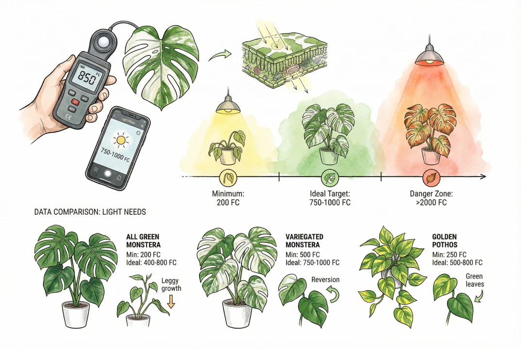 lux meter held near variegated plant leaf measuring light intensity.