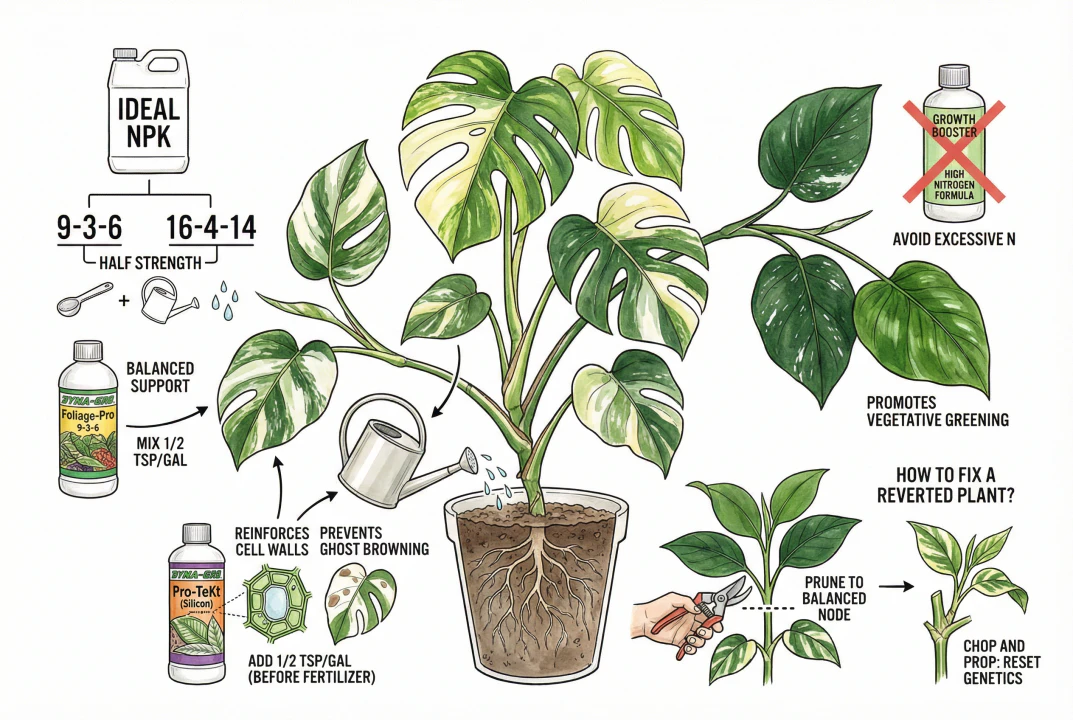 Fertilizer bottle labels showing NPK ratios suitable for variegated plants.