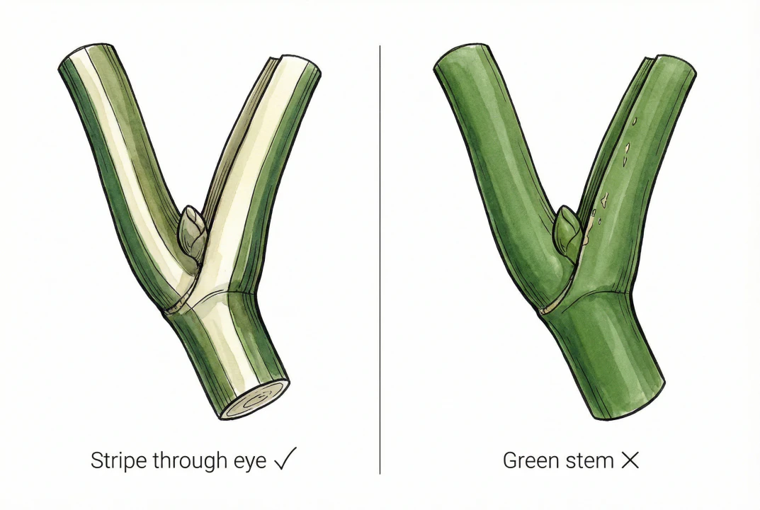 Variegated stem showing white stripe running through the axillary bud eye.