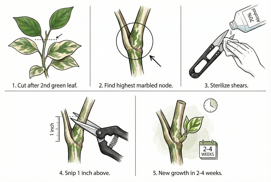 Pruning removal of green growth above a variegated node on stem.