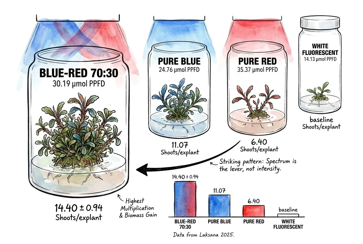 Bucephalandra shoot counts compared across blue, red, and fluorescent treatments