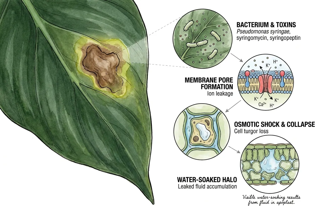 Toxin pores rupturing philodendron leaf cell membrane releasing fluid