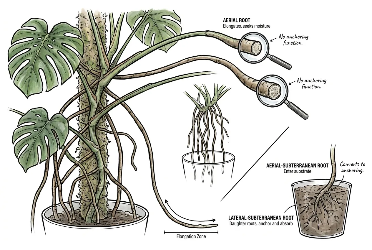 Three Monstera root types: aerial, aerial-subterranean, and lateral-subterranean