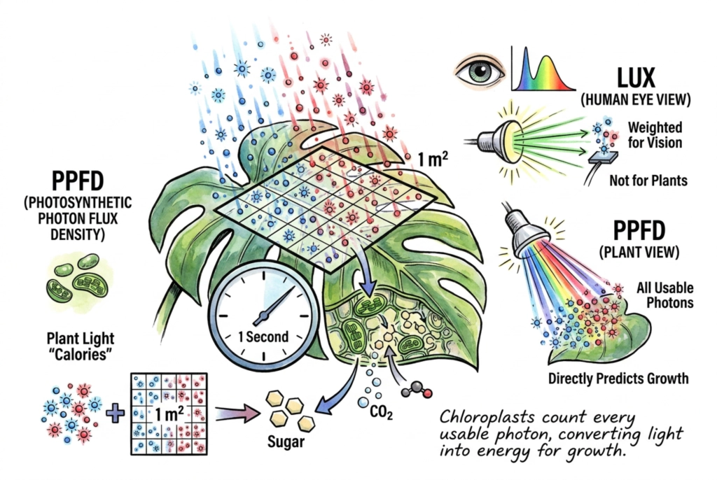 Diagram of photons hitting a leaf showing PAR wavelengths