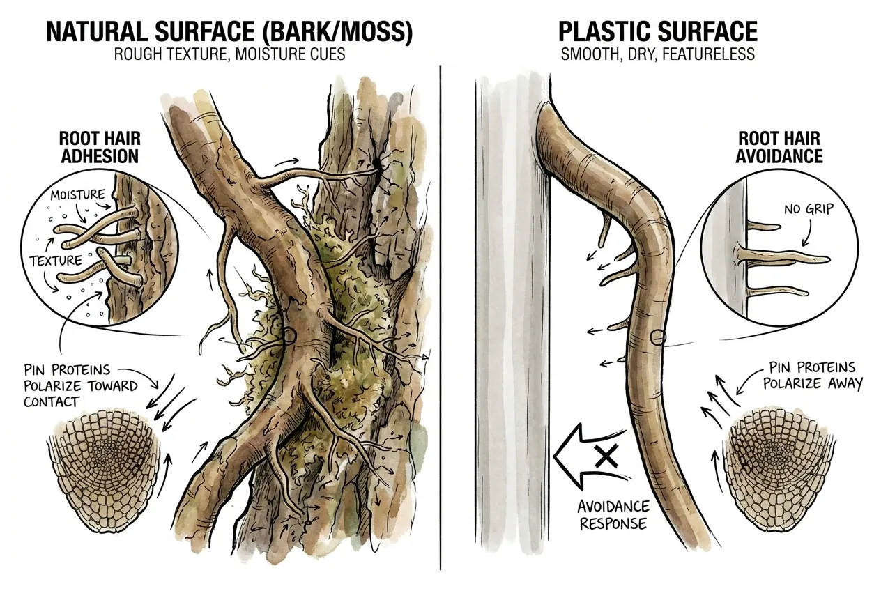 Root hairs interlocking with rough surface versus flattening on smooth plastic