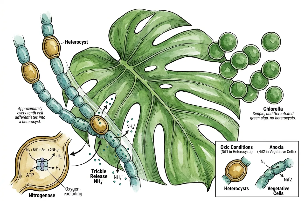 Anabaena variabilis filament showing heterocyst nitrogen-fixing cell