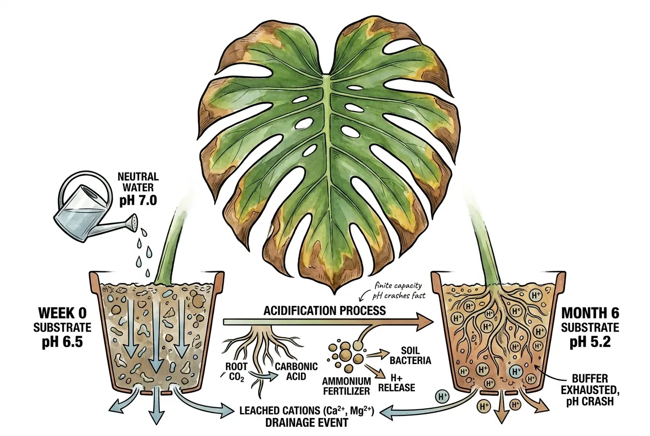 Potting mix pH dropping over months from root respiration