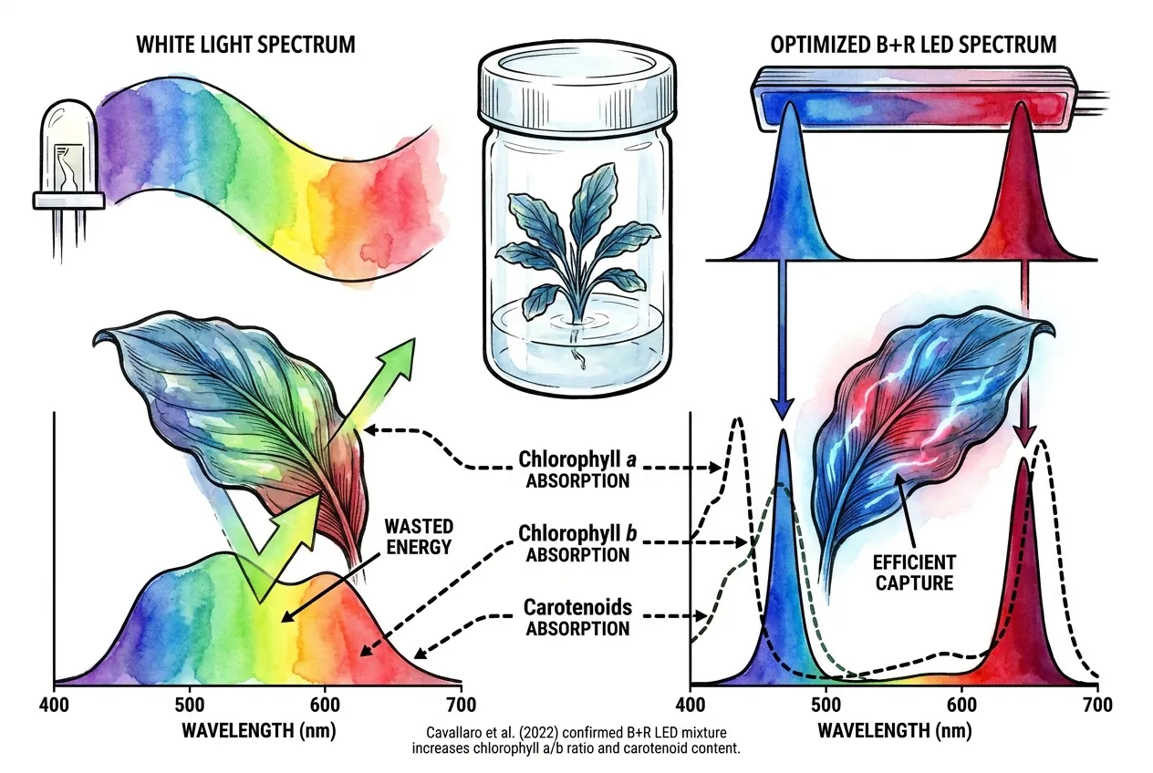 Chlorophyll absorption peaks aligned with blue and red LED wavelengths
