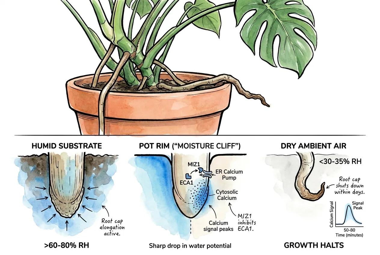 Moisture cliff at pot rim halting aerial root tip elongation
