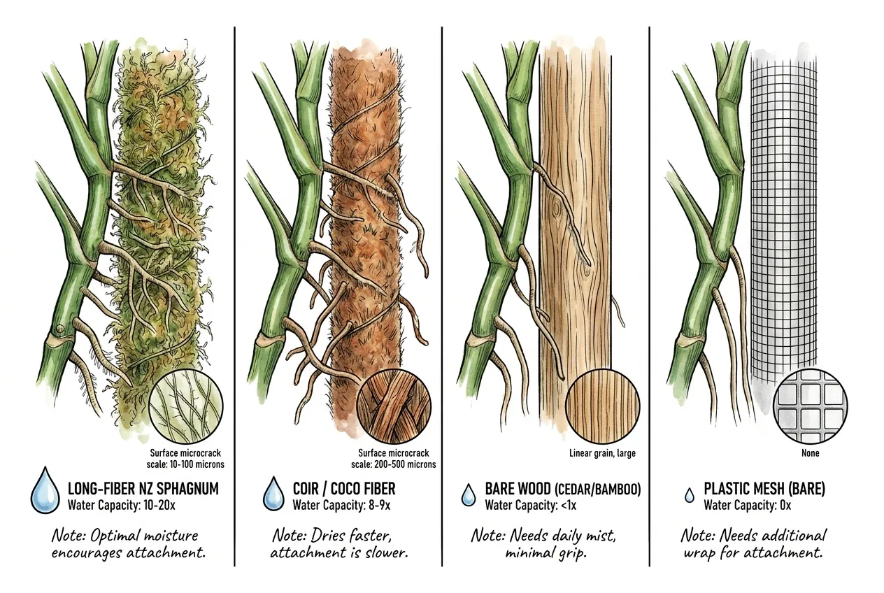 Sphagnum, coir, wood, and plastic mesh pole materials compared