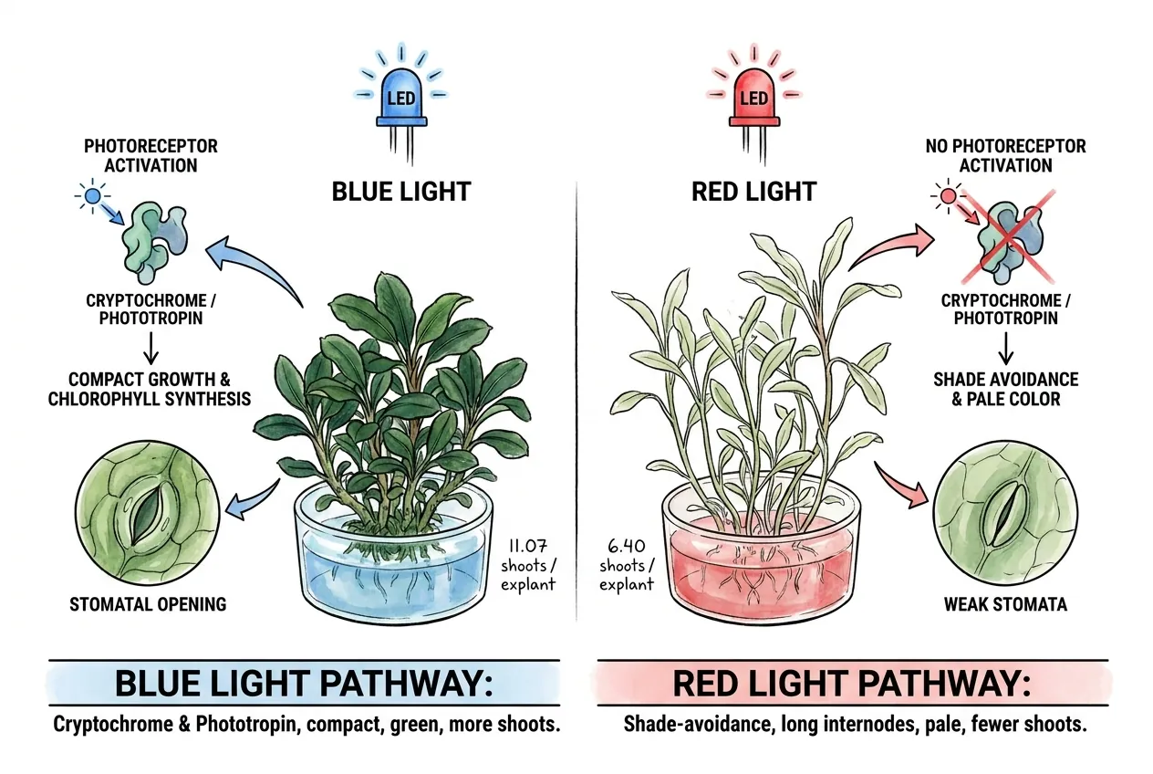 Blue light activating cryptochrome receptors for compact plant growth