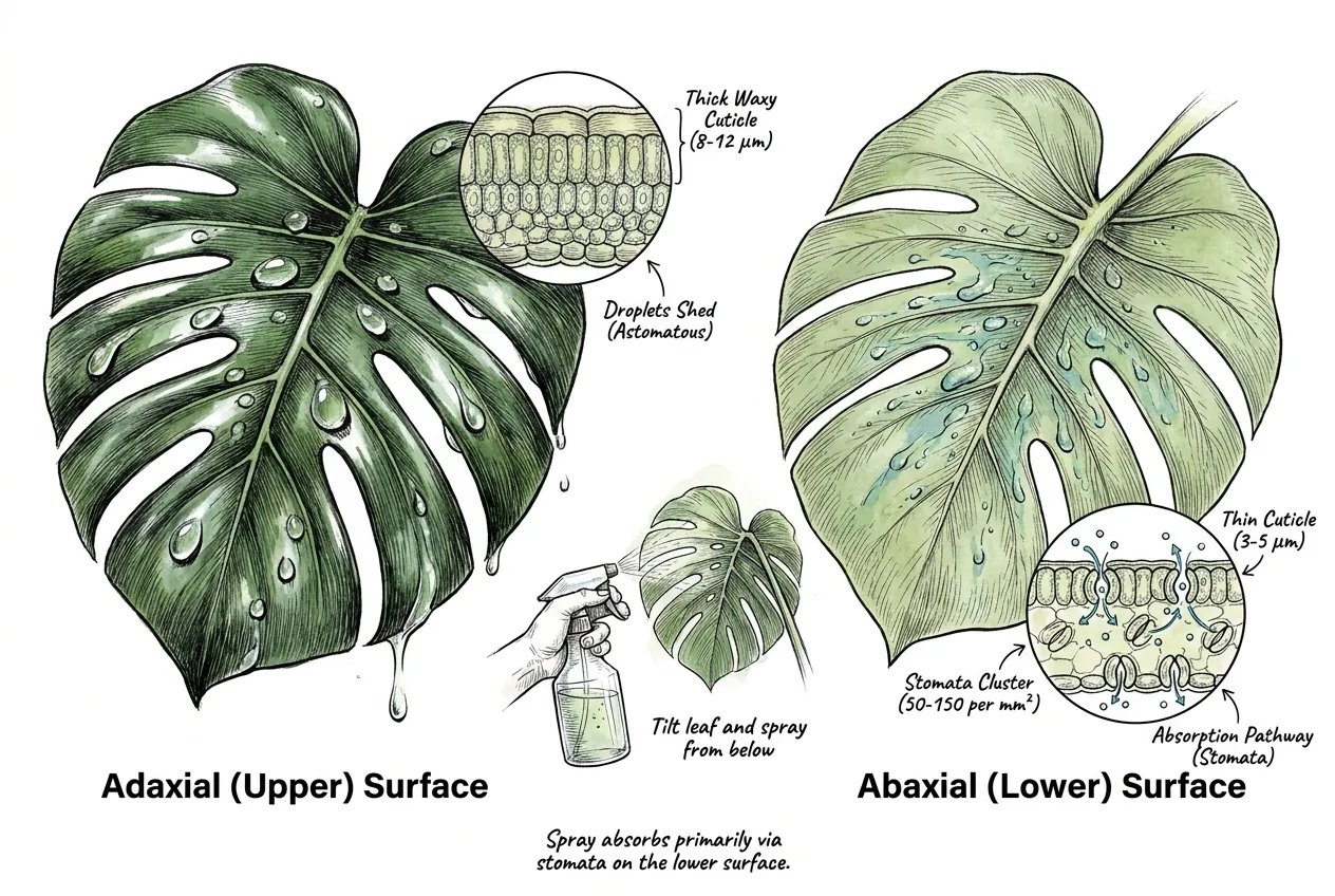 Monstera leaf cross-section showing stomata on the underside