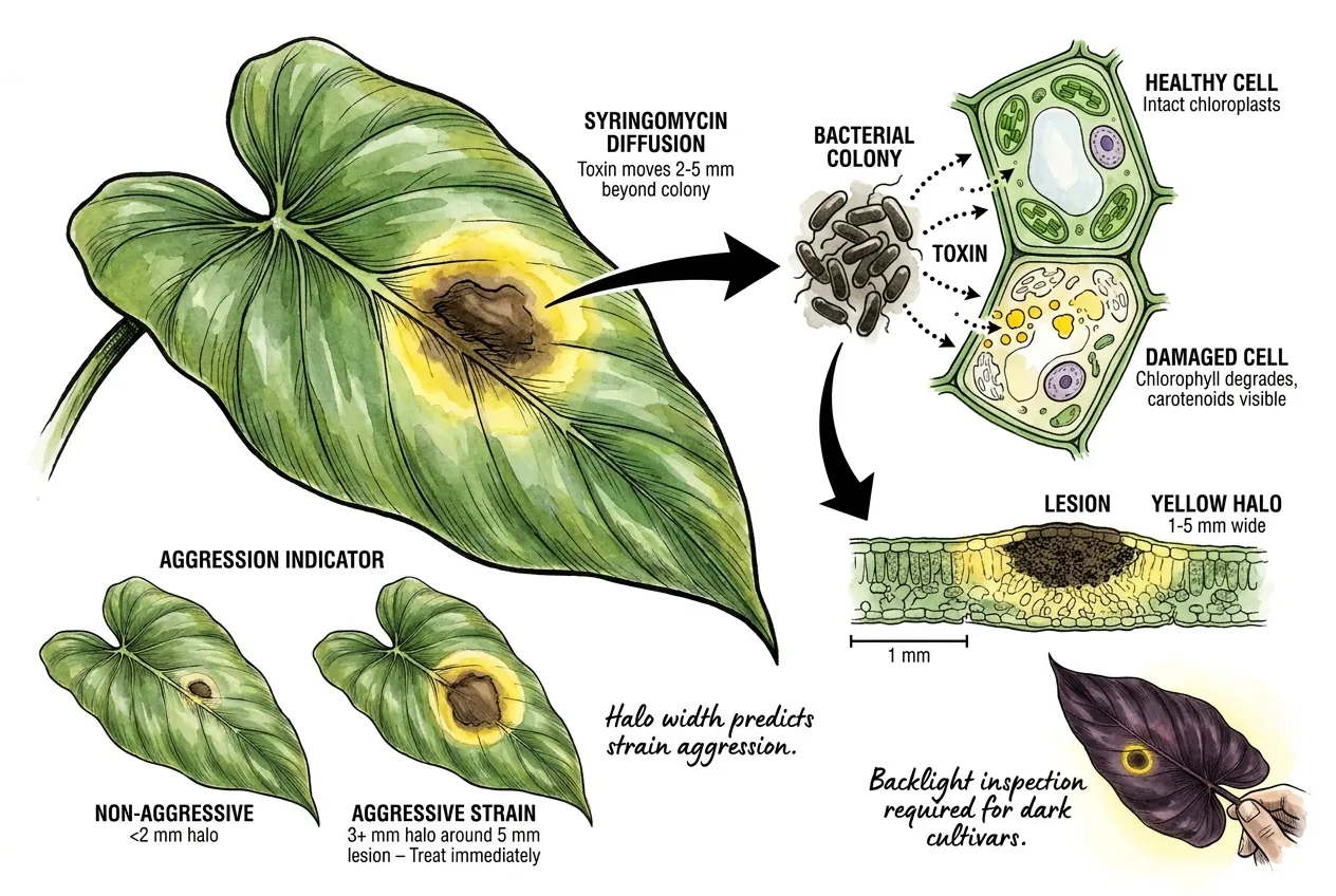 Dark philodendron lesion ringed by diffuse yellow chlorotic halo