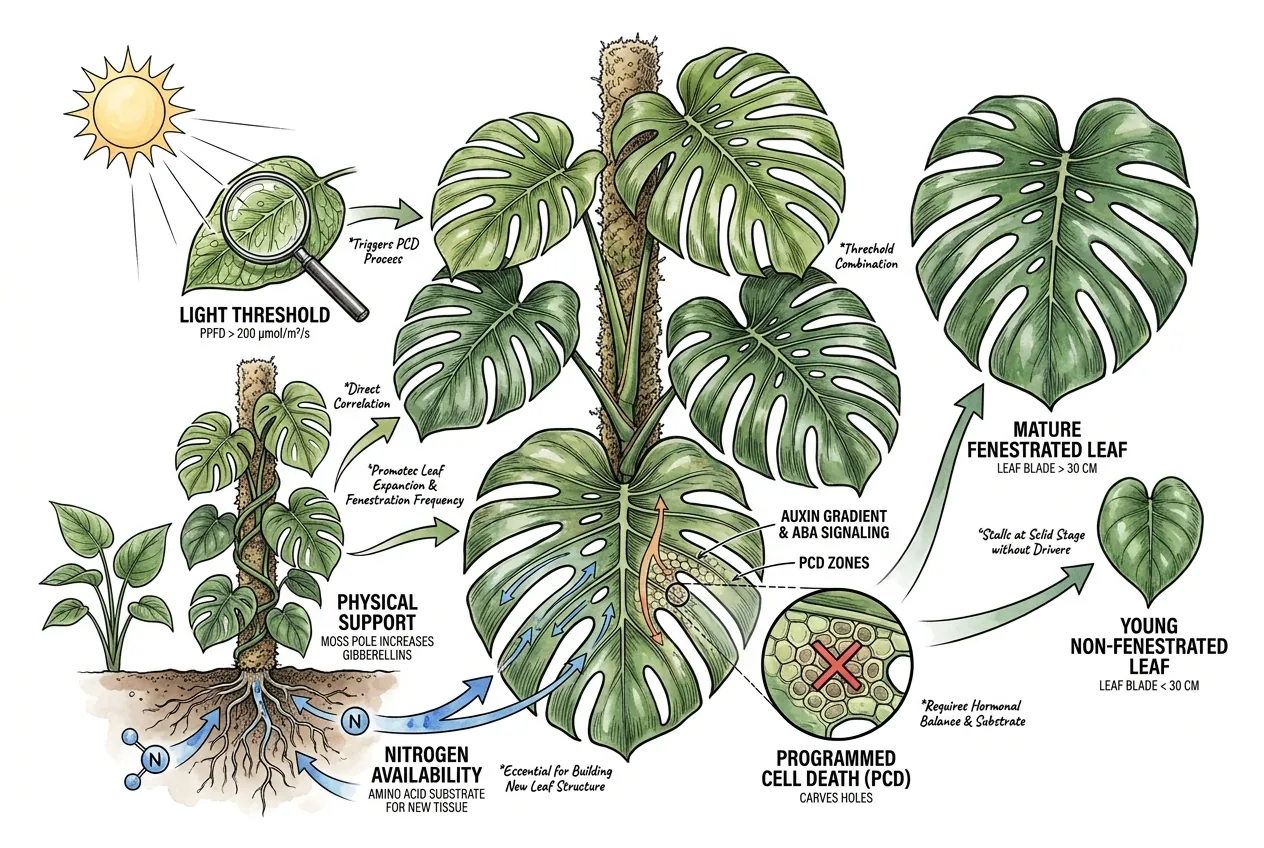 Monstera fenestration process driven by light, hormones, and leaf size