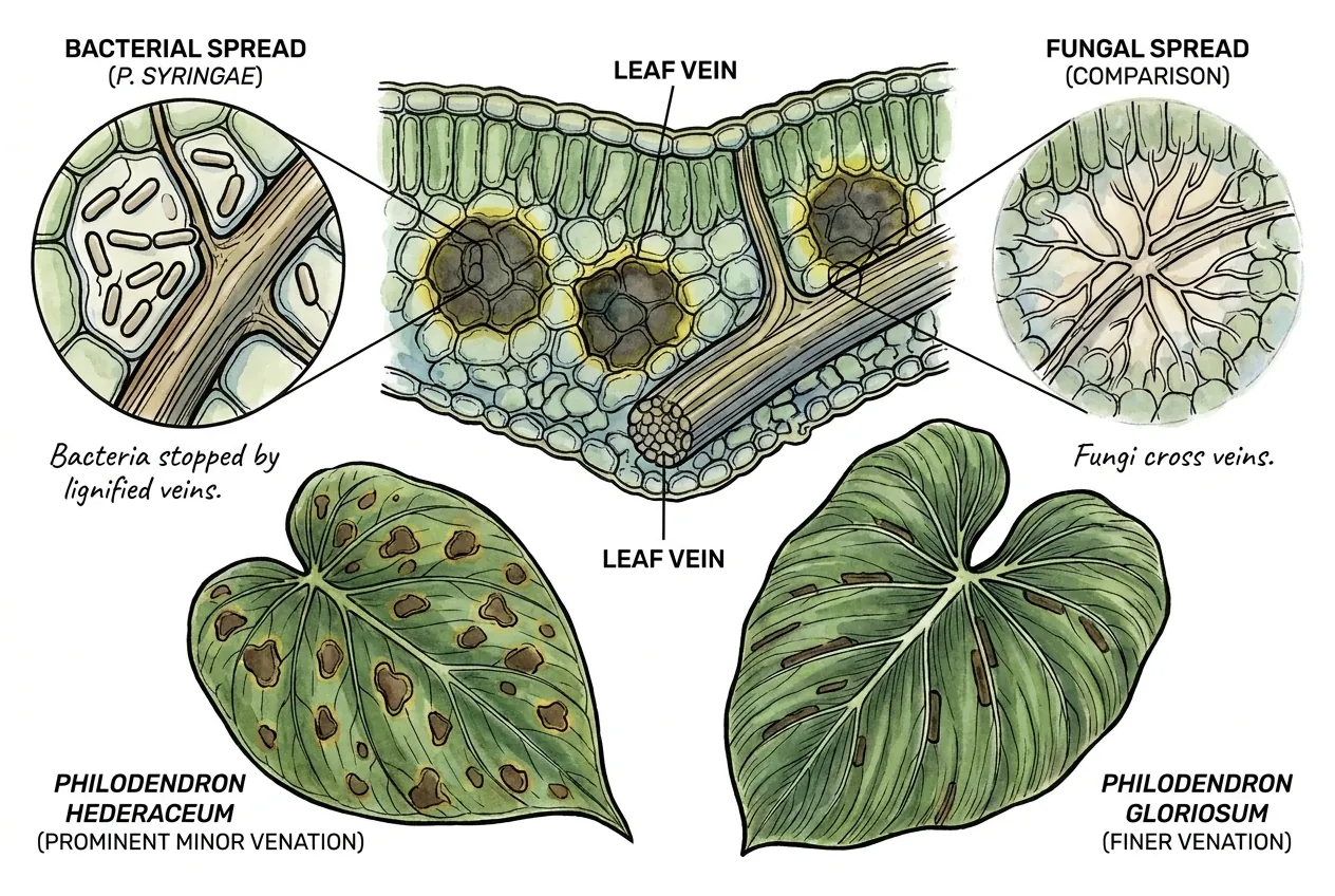 Angular dark lesion bordered by leaf veins on philodendron