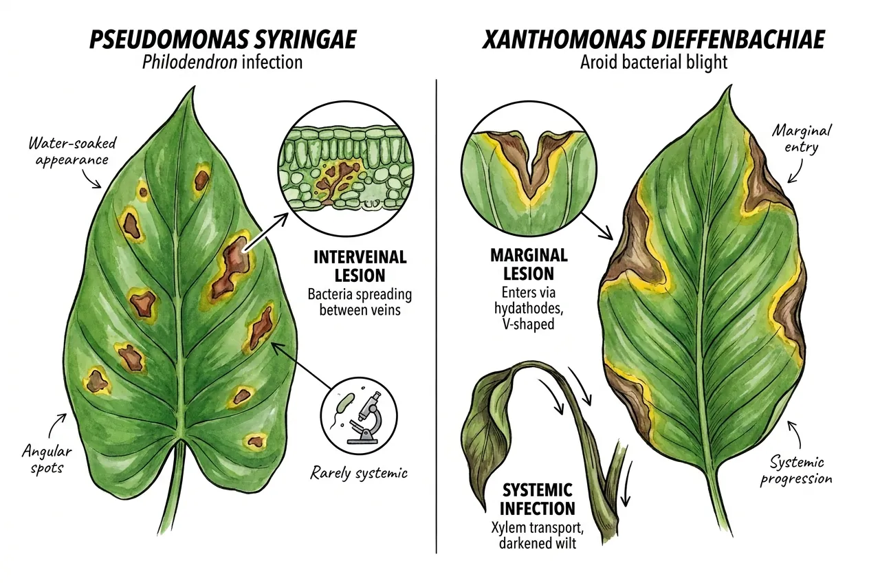 V-shaped marginal lesion entering philodendron leaf edge from hydathode