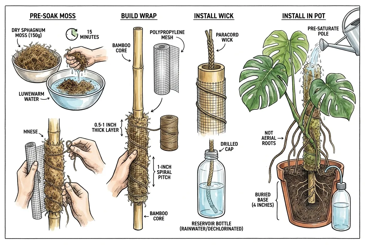 Wrapping bamboo core with sphagnum and securing mesh sleeve with twine