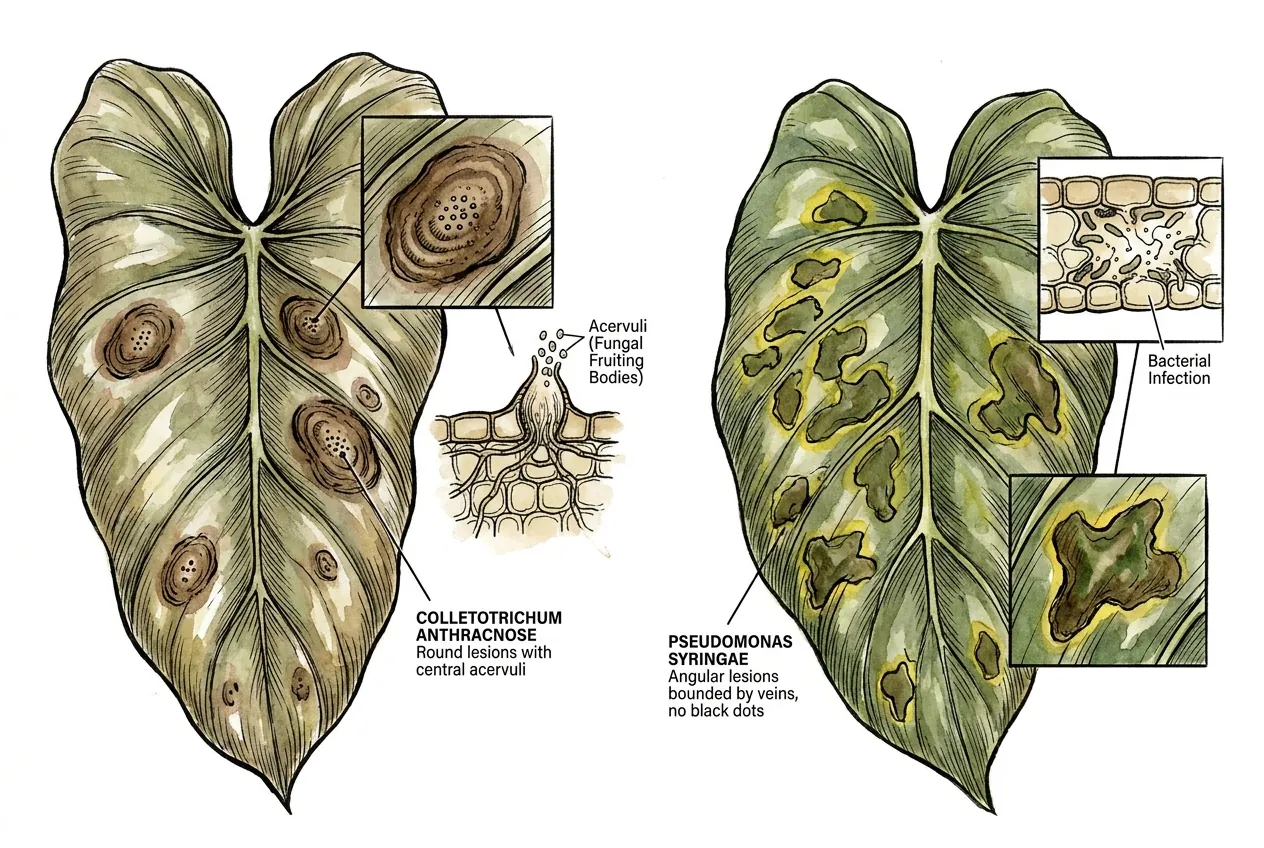 Round philodendron lesion with concentric rings and central black acervuli