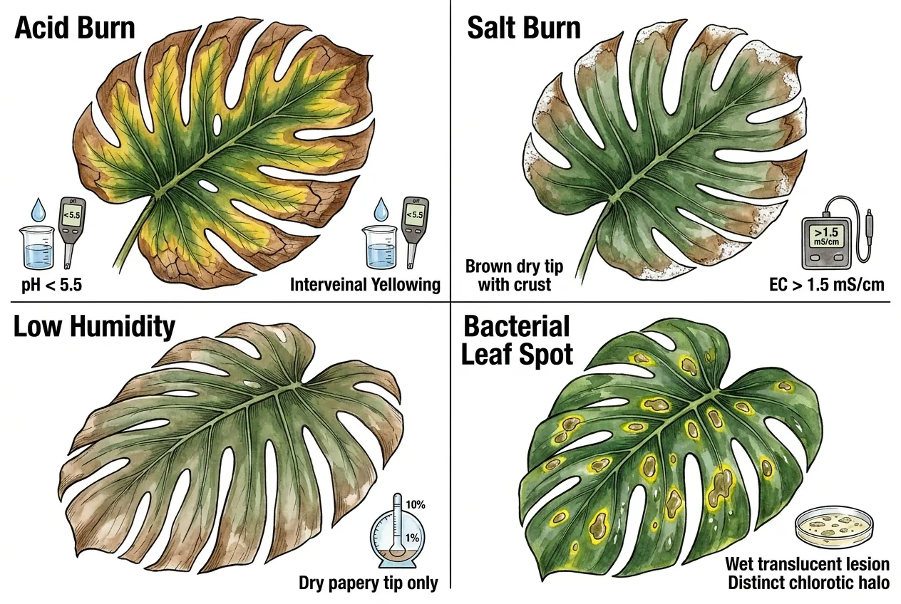 Monstera leaf damage patterns compared across four common causes