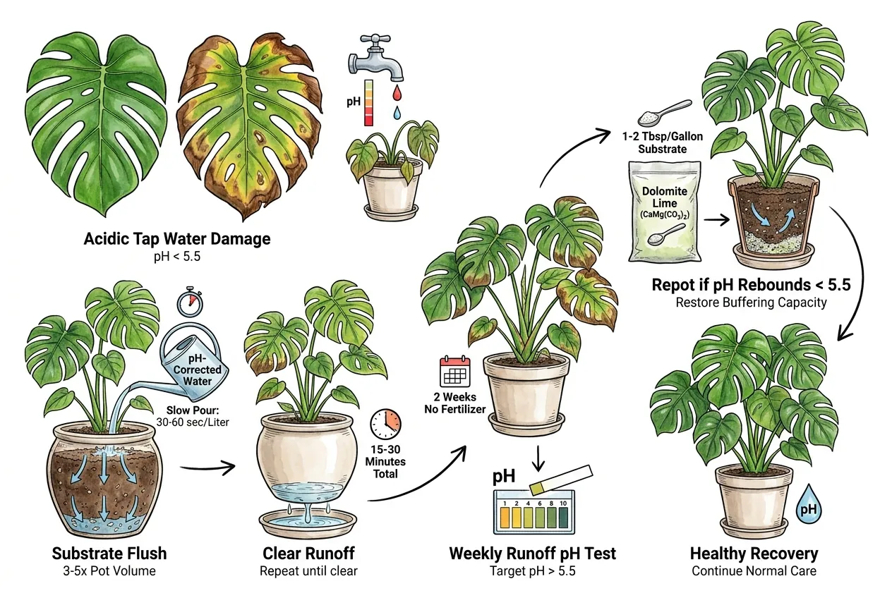 Flushing Monstera substrate with pH-corrected water to remove accumulated acid