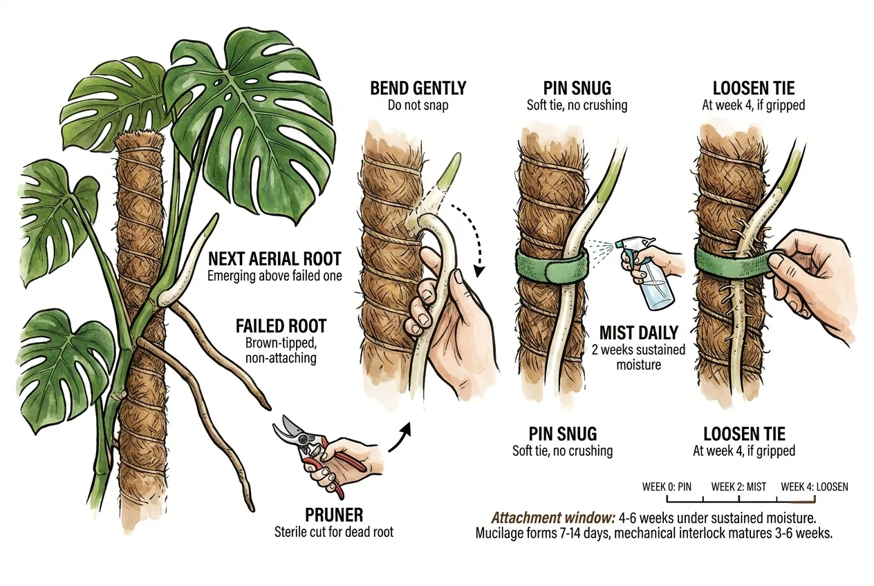 Aerial root bent and pinned to moist sphagnum pole with soft tie