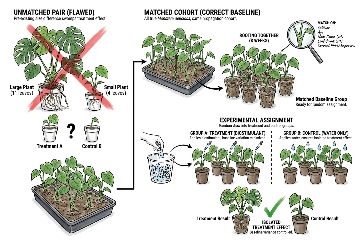 Twelve matched Monstera cuttings arranged for trial baseline