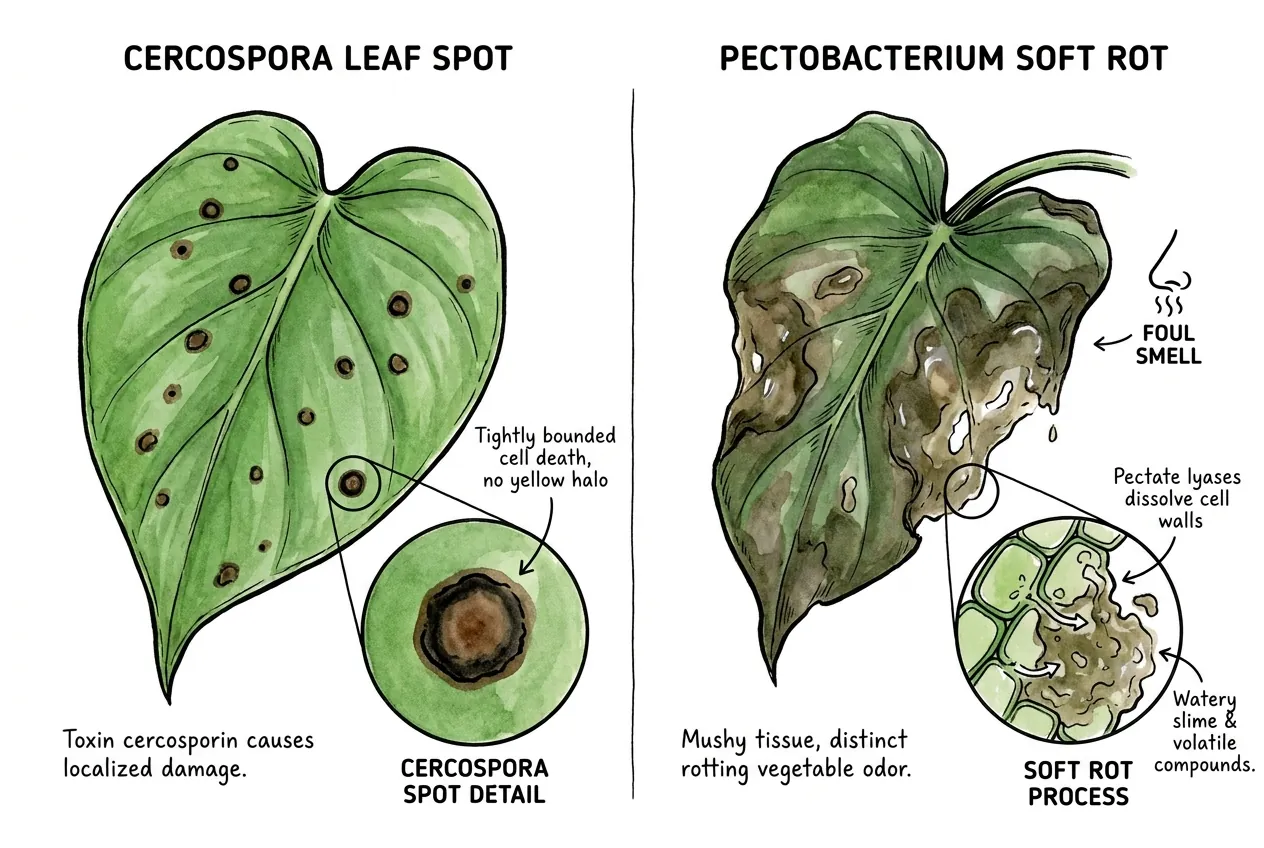 Tiny sharp Cercospora spots beside mushy slimy Pectobacterium rot