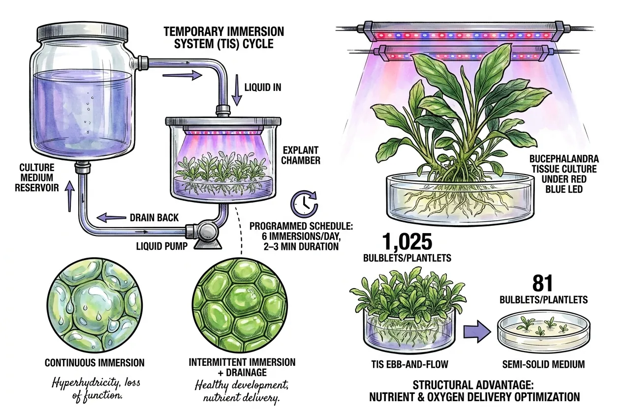 Temporary immersion bioreactor cycling medium through plant explant chamber