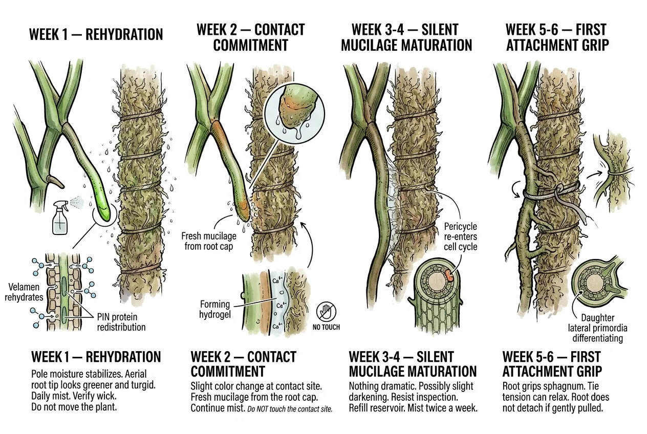 Twelve-week aerial root attachment timeline from rehydration to anchoring