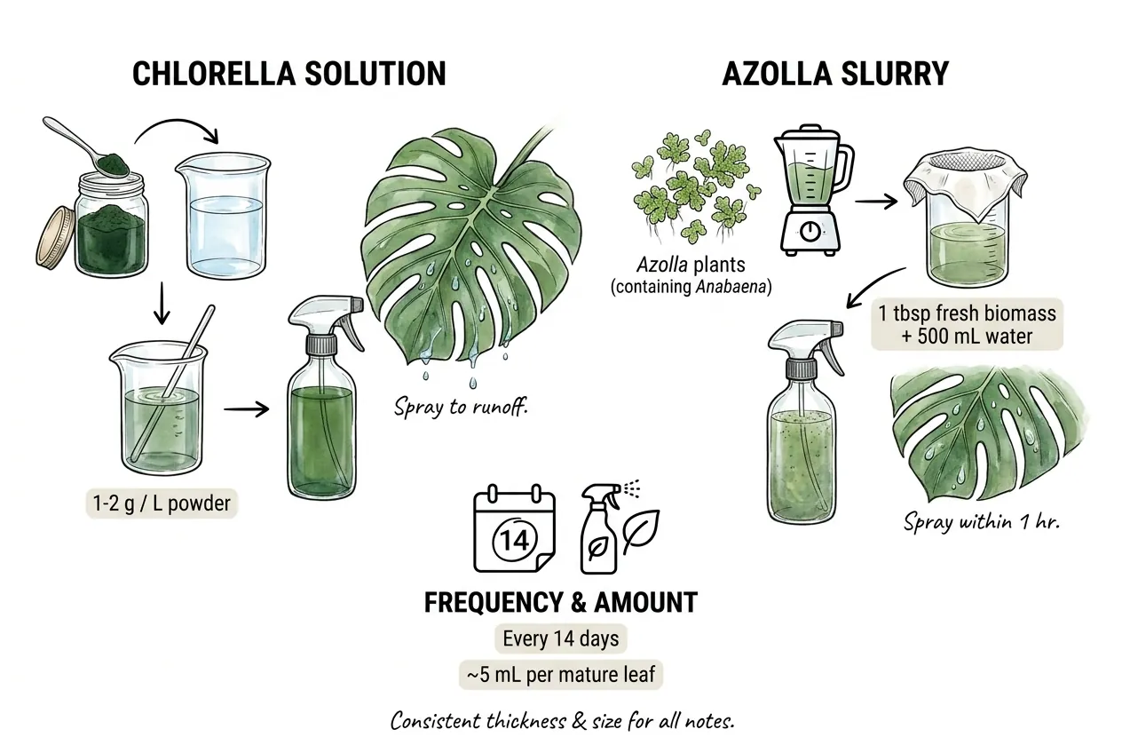 Chlorella and Anabaena spray bottles with dosing measurements