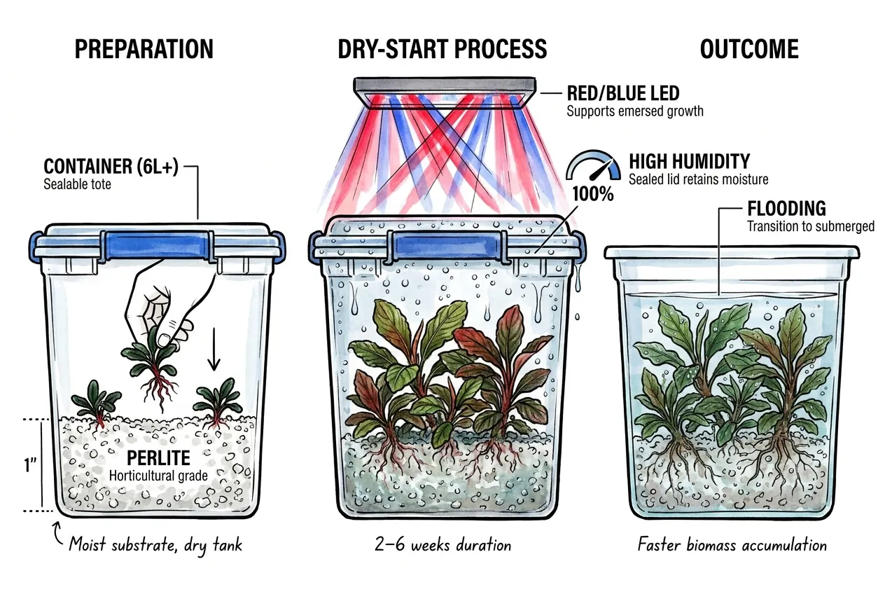 Dry-start tank setup with sealed lid and humid substrate